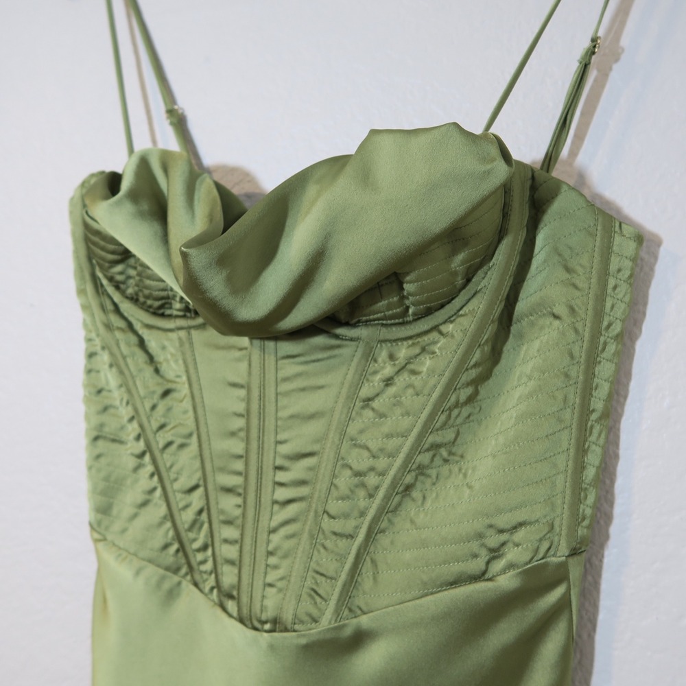 House of CB Myrna Olive Corset Satin Slip Dress Timeless Elegant - Picture 5 of 14